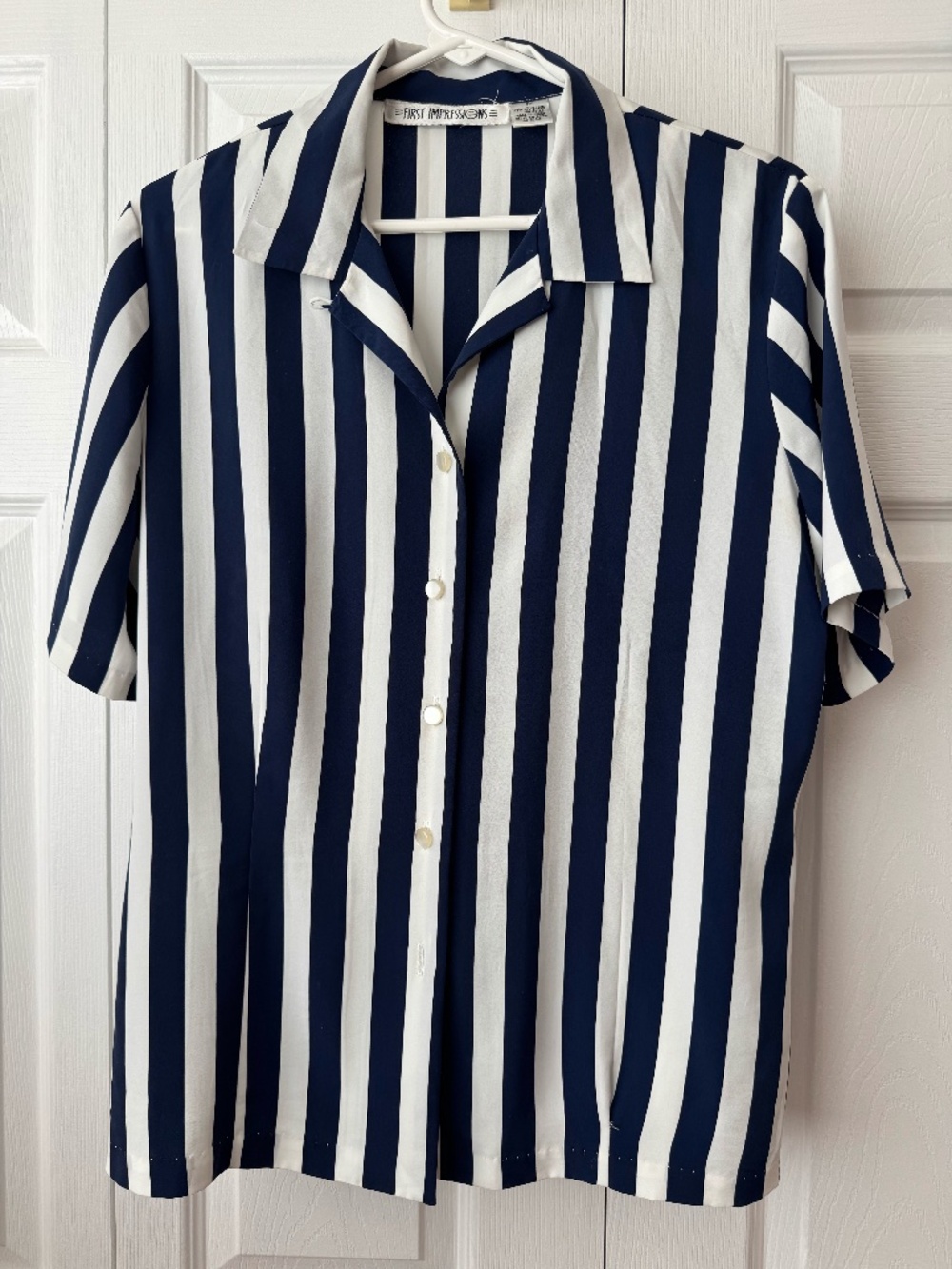 Vintage First Impressions Navy Blue & White Striped Short Sleeve Button Down Top